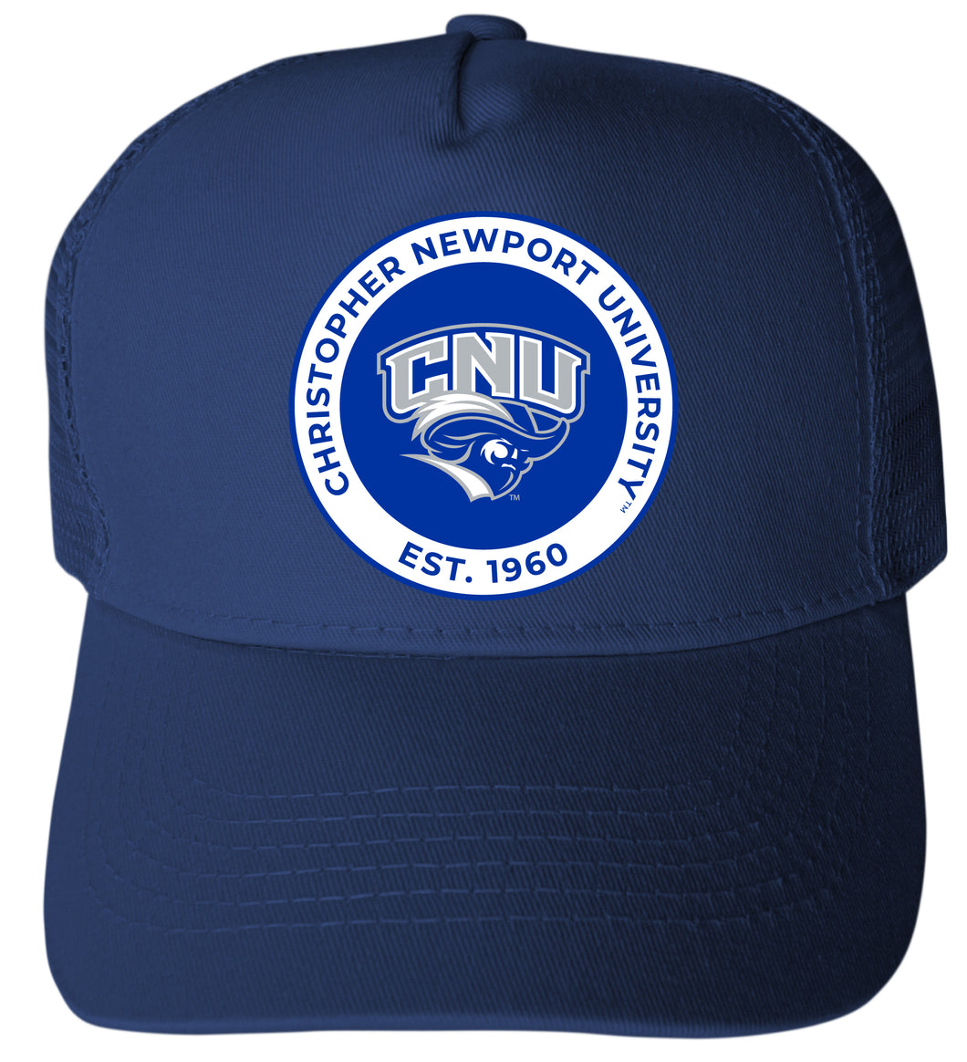 Christopher Newport Captains Officially Licensed Trucker Hat - Unisex Mesh Back Cap with Full Color Heat Transfer Logo Navy