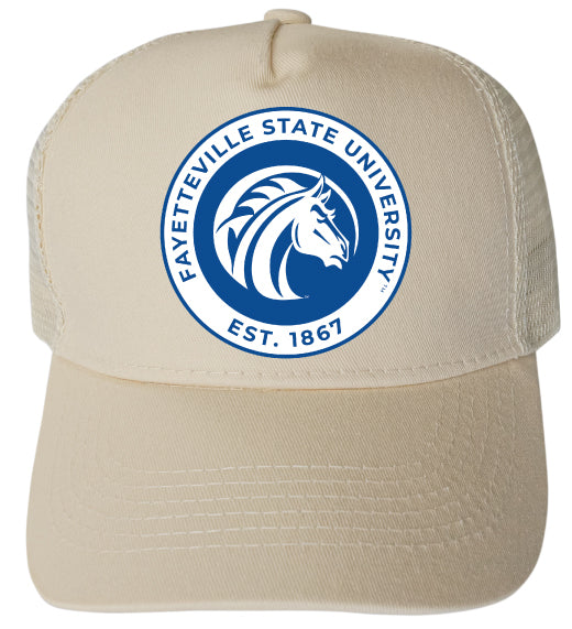 Fayetteville State University Officially Licensed Trucker Hat - Unisex Mesh Back Cap with Full Color Heat Transfer Logo Cream