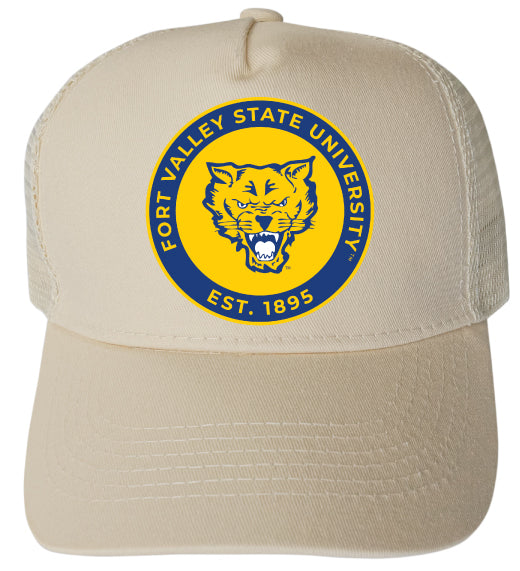 Fort Valley State University Officially Licensed Trucker Hat - Unisex Mesh Back Cap with Full Color Heat Transfer Logo Cream