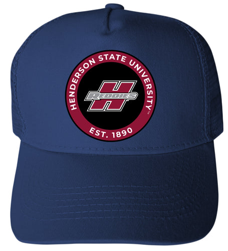 Henderson State Reddies Officially Licensed - Unisex Trucker Hat with Full Color Heat Transfer Logo Navy