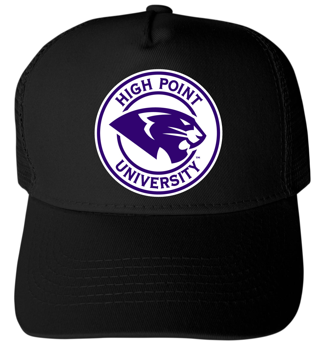 High Point University Officially Licensed Trucker Hat - Unisex Mesh Back Cap with Full Color Heat Transfer Logo Black