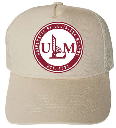 University of Louisiana Monroe Officially Licensed Trucker Hat - Unisex Mesh Back Cap with Full Color Heat Transfer Logo Cream