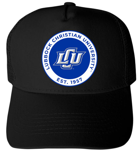 Lubbock Christian University Chaparral Officially Licensed - Unisex Trucker Hat with Full Color Heat Transfer Logo Black