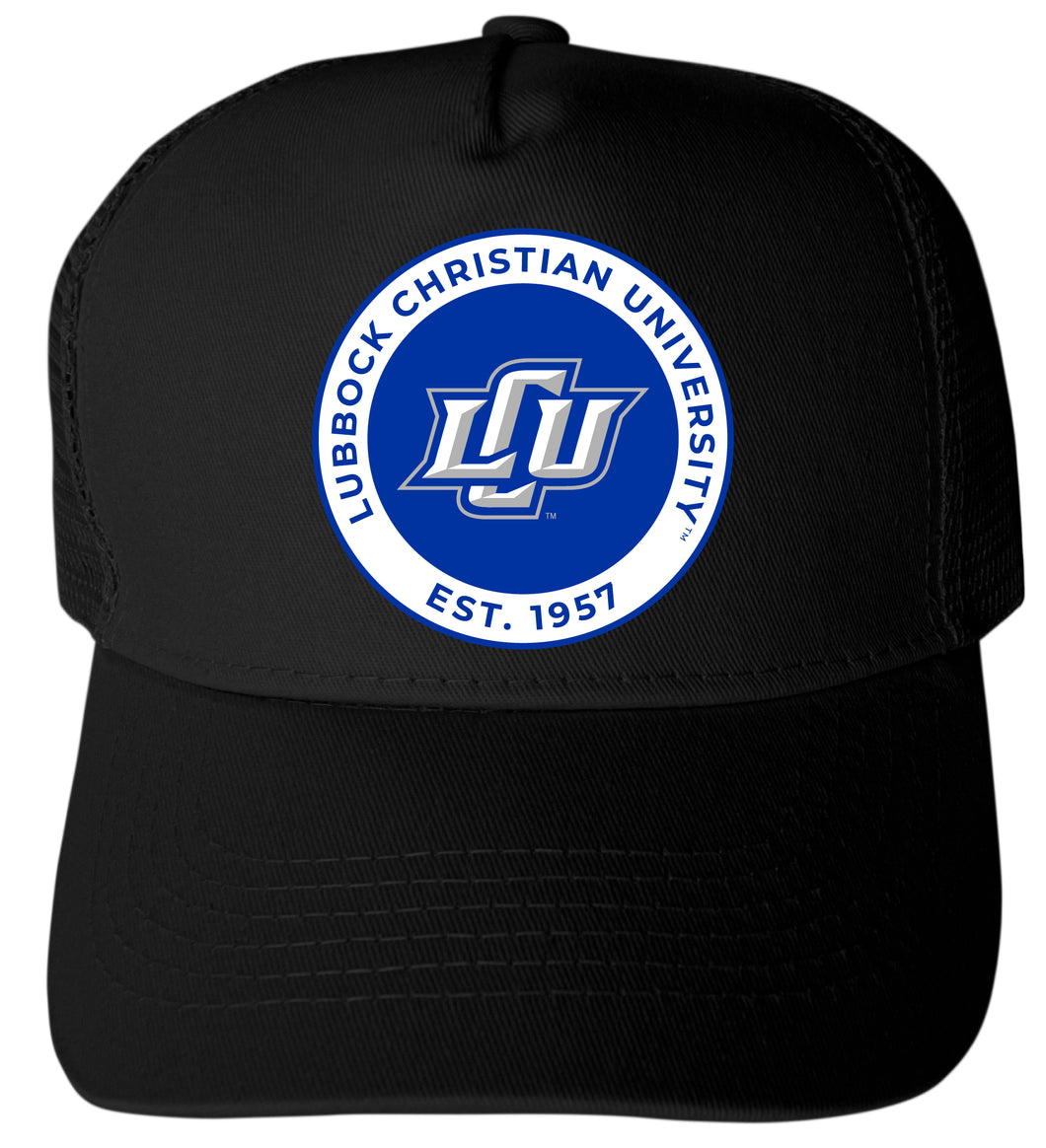 Lubbock Christian University Chaparral Officially Licensed - Unisex Trucker Hat with Full Color Heat Transfer Logo Black