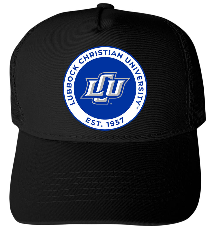 Lubbock Christian University Chaparral Officially Licensed - Unisex Trucker Hat with Full Color Heat Transfer Logo Black