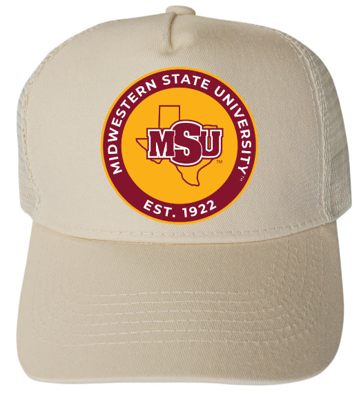 Midwestern State University Mustangs Officially Licensed Trucker Hat - Unisex Mesh Back Cap with Full Color Heat Transfer Logo Cream