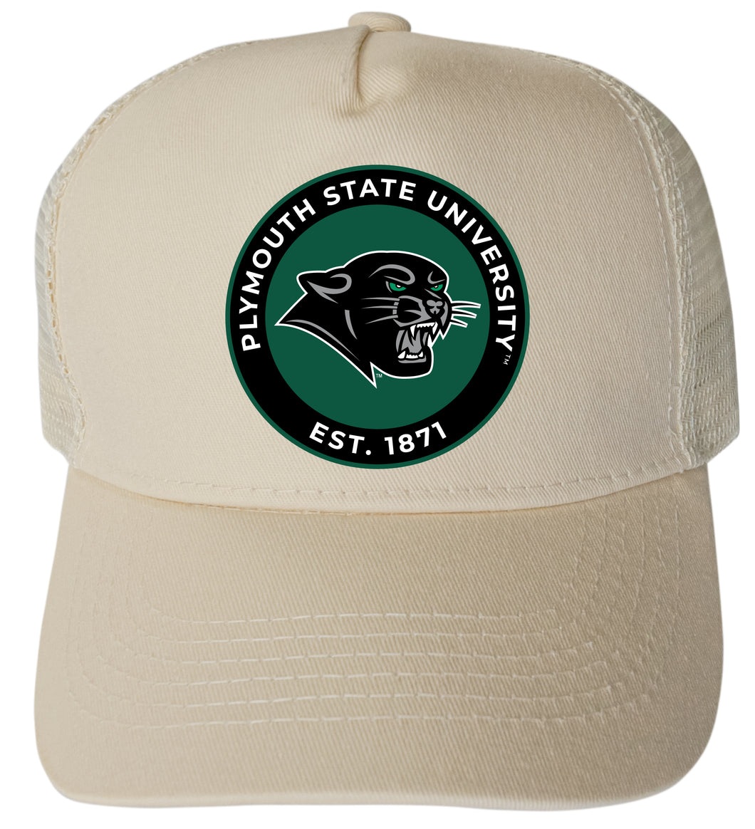 Plymouth State University Officially Licensed Trucker Hat - Unisex Mesh Back Cap with Full Color Heat Transfer Logo Cream