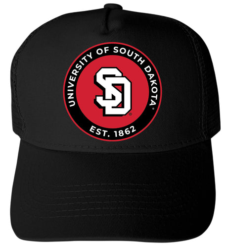 South Dakota Coyotes Officially Licensed Trucker Hat - Unisex Mesh Back Cap with Full Color Heat Transfer Logo Black