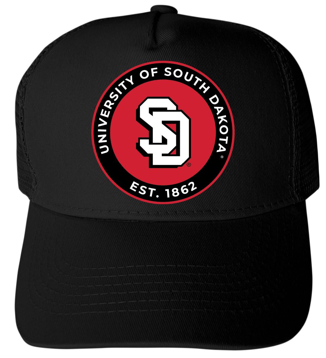 South Dakota Coyotes Officially Licensed Trucker Hat - Unisex Mesh Back Cap with Full Color Heat Transfer Logo Black