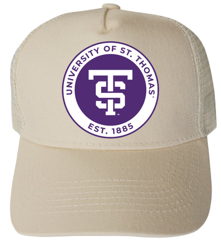 University of St. Thomas Officially Licensed Trucker Hat - Unisex Mesh Back Cap with Full Color Heat Transfer Logo Cream