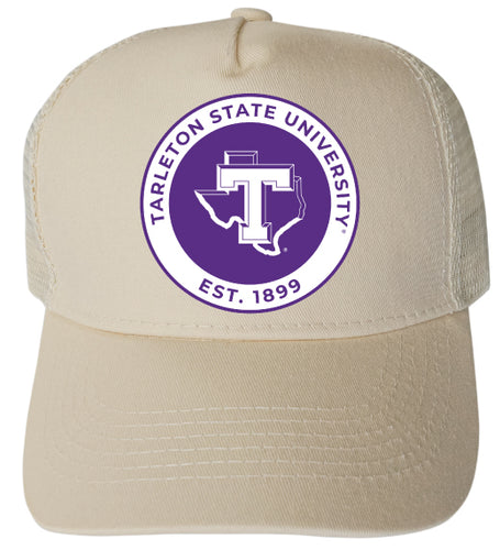 Tarleton State University Officially Licensed Trucker Hat - Unisex Mesh Back Cap with Full Color Heat Transfer Logo Cream
