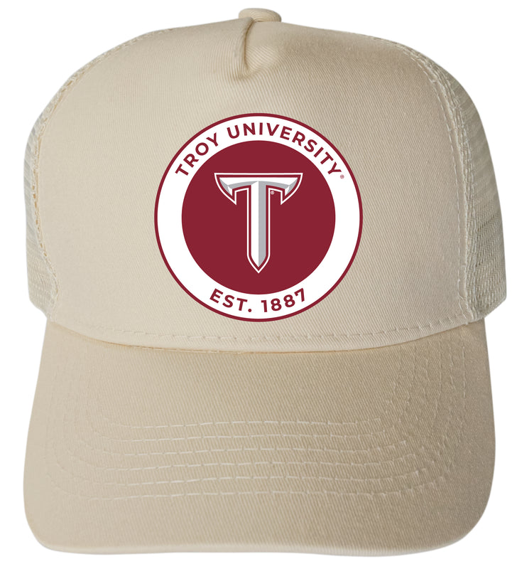 Troy University Officially Licensed Trucker Hat - Unisex Mesh Back Cap with Full Color Heat Transfer Logo Cream