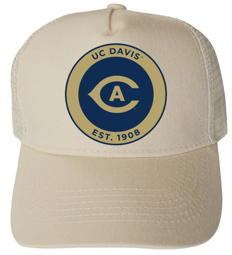 UC Davis Aggies Officially Licensed Trucker Hat - Unisex Mesh Back Cap with Full Color Heat Transfer Logo Cream