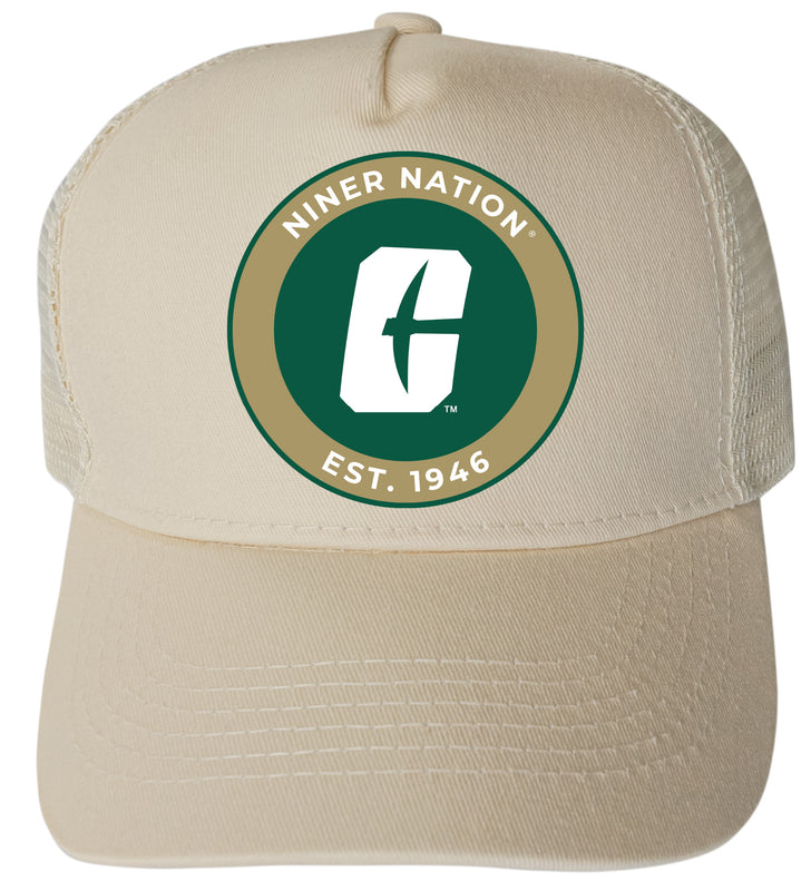 North Carolina Charlotte Forty-Niners Officially Licensed Trucker Hat - Unisex Mesh Back Cap with Full Color Heat Transfer Logo Cream