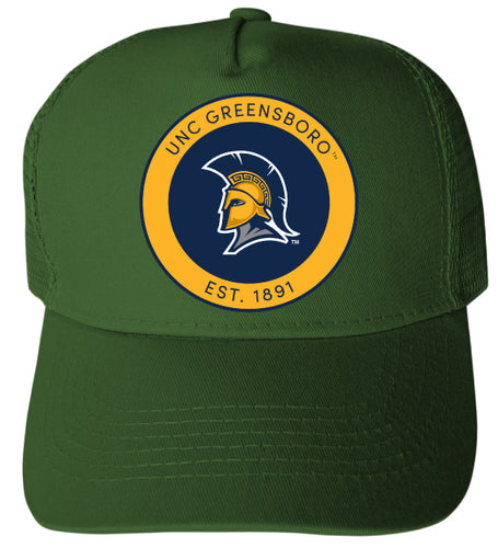 North Carolina Greensboro Spartans Officially Licensed Trucker Hat - Unisex Mesh Back Cap with Full Color Heat Transfer Logo Green