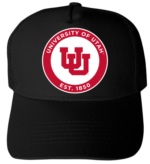 Utah Utes Officially Licensed Trucker Hat - Unisex Mesh Back Cap with Full Color Heat Transfer Logo Black