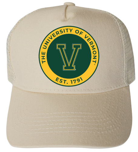 Vermont Catamounts Officially Licensed Trucker Hat - Unisex Mesh Back Cap with Full Color Heat Transfer Logo Cream