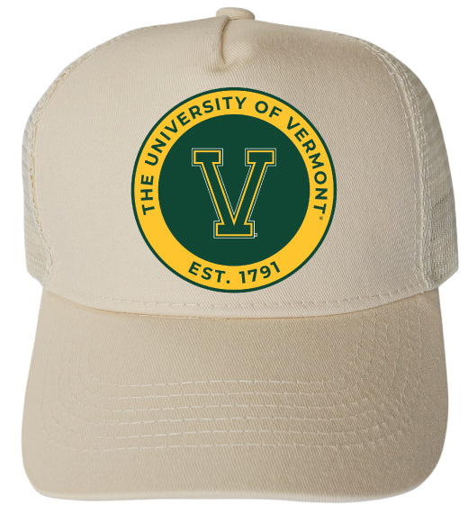 Vermont Catamounts Officially Licensed Trucker Hat - Unisex Mesh Back Cap with Full Color Heat Transfer Logo Cream