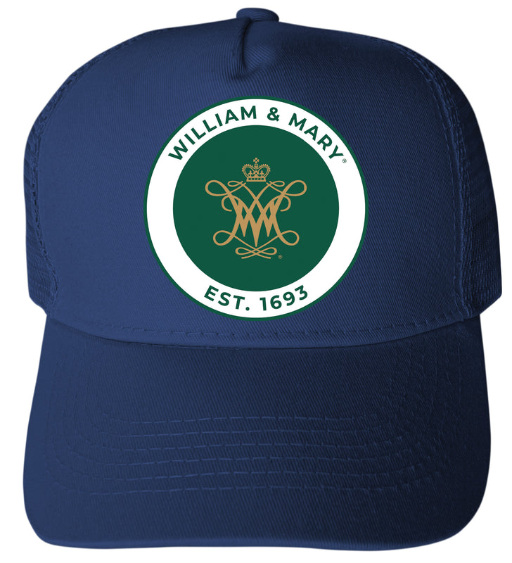 William and Mary Officially Licensed Trucker Hat - Unisex Mesh Back Cap with Full Color Heat Transfer Logo Navy