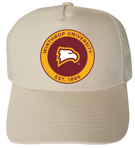 Winthrop University Officially Licensed Trucker Hat - Unisex Mesh Back Cap with Full Color Heat Transfer Logo Cream