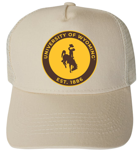University of Wyoming Officially Licensed Trucker Hat - Unisex Mesh Back Cap with Full Color Heat Transfer Logo Cream