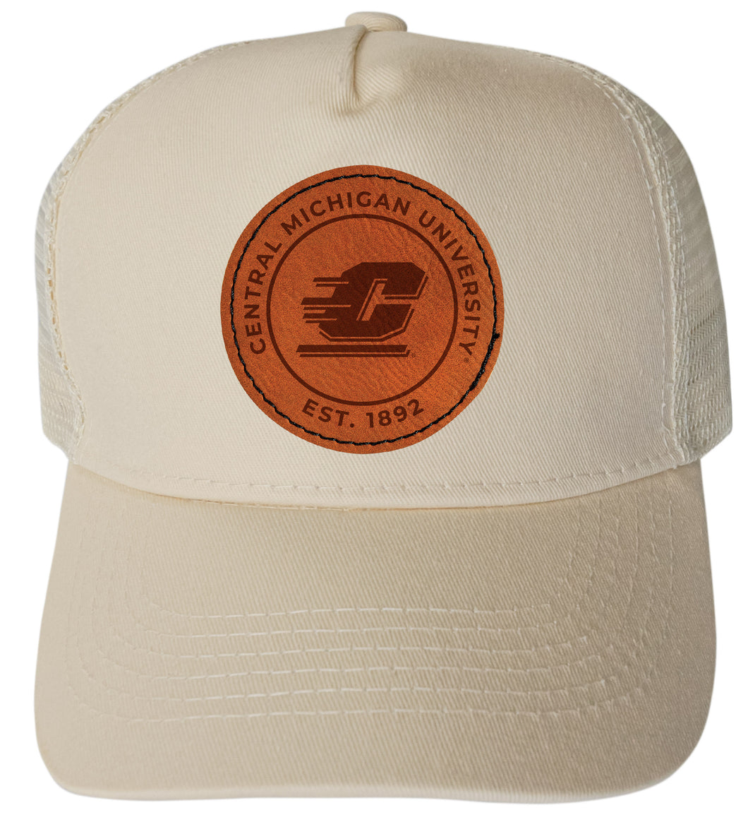 Central Michigan University Officially Licensed Trucker Hat - Unisex Mesh Back Cap with Round Engraved Leather Patch Cream