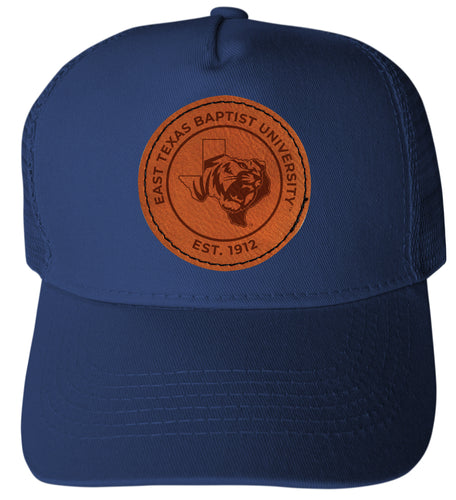 East Texas Baptist University Officially Licensed Trucker Hat - Unisex Mesh Back Cap with Round Engraved Leather Patch Navy
