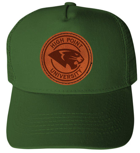 High Point University Officially Licensed Trucker Hat - Unisex Mesh Back Cap with Round Engraved Leather Patch Green