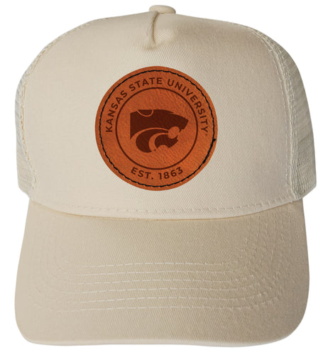 Kansas State Wildcats Officially Licensed Trucker Hat - Unisex Mesh Back Cap with Round Engraved Leather Patch Cream