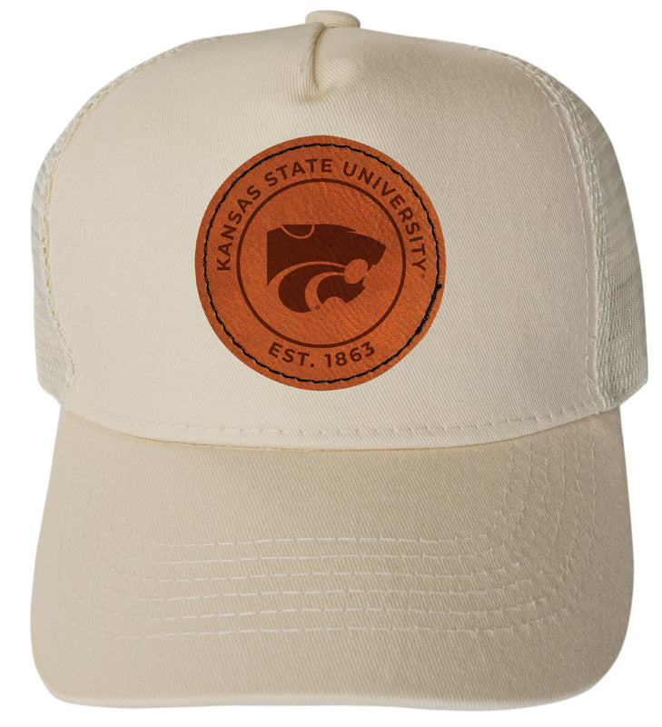 Kansas State Wildcats Officially Licensed Trucker Hat - Unisex Mesh Back Cap with Round Engraved Leather Patch Cream