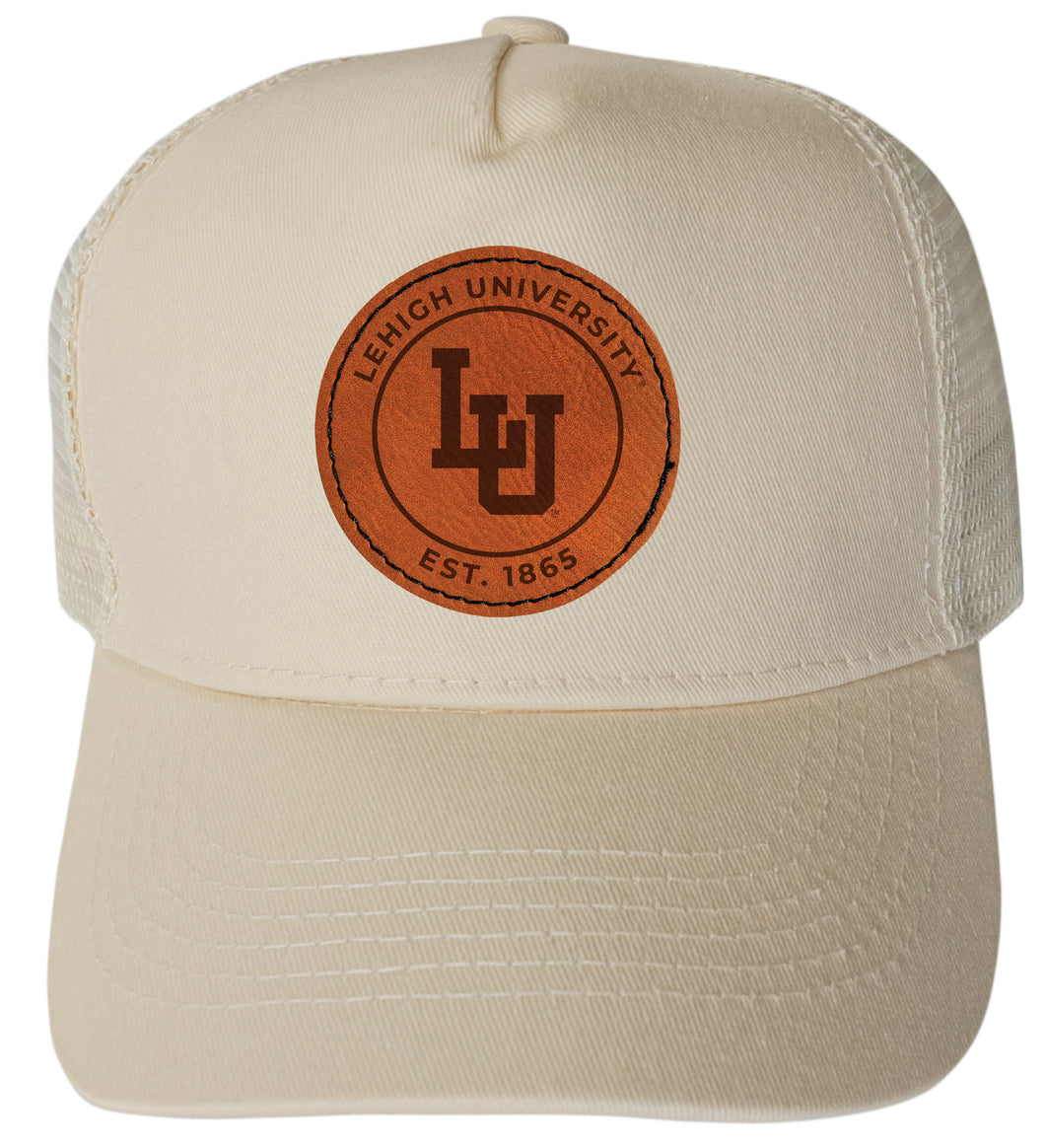 Lehigh University Mountain Hawks Officially Licensed - Unisex Trucker Hat with Round Engraved Leather Patch Cream