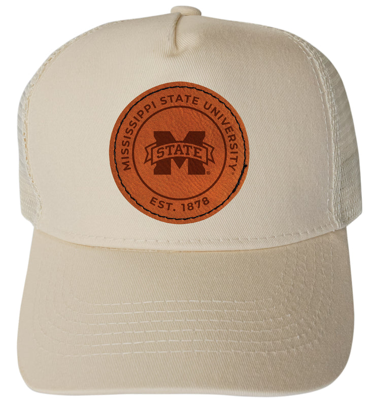 Mississippi State Bulldogs Officially Licensed Trucker Hat - Unisex Mesh Back Cap with Round Engraved Leather Patch Cream