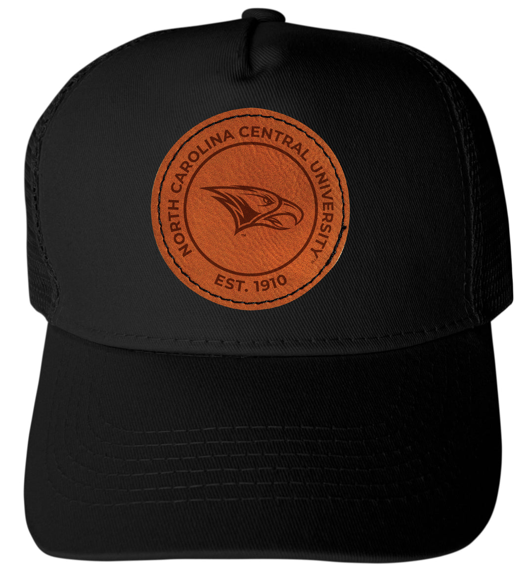 North Carolina Central Eagles Officially Licensed Trucker Hat - Unisex Mesh Back Cap with Round Engraved Leather Patch Black