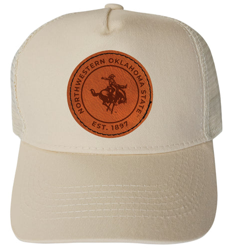 Northwestern Oklahoma State University Officially Licensed - Unisex Trucker Hat with Round Engraved Leather Patch Cream