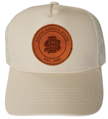 South Dakota State Jackrabbits Officially Licensed Trucker Hat - Unisex Mesh Back Cap with Round Engraved Leather Patch Cream