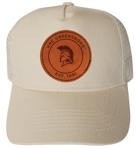 North Carolina Greensboro Spartans Officially Licensed Trucker Hat - Unisex Mesh Back Cap with Round Engraved Leather Patch Cream