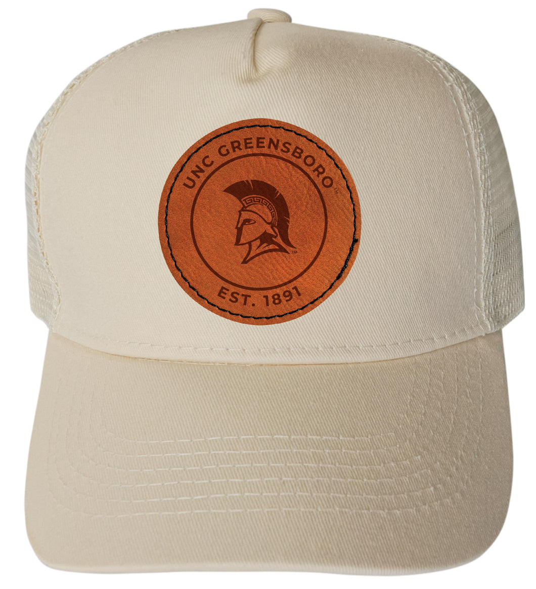 North Carolina Greensboro Spartans Officially Licensed Trucker Hat - Unisex Mesh Back Cap with Round Engraved Leather Patch Cream