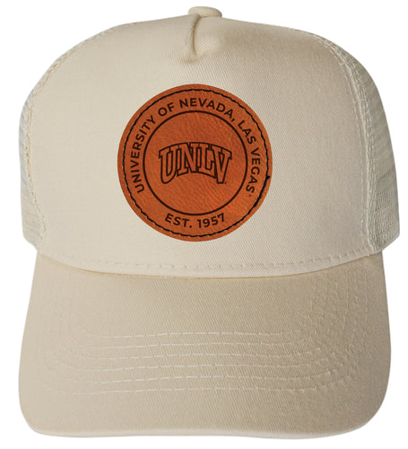 UNLV Rebels Officially Licensed - Unisex Trucker Hat with Round Engraved Leather Patch Cream