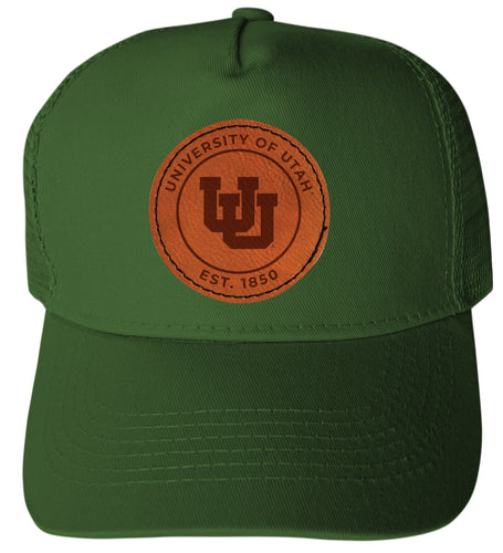 Utah Utes Officially Licensed Trucker Hat - Unisex Mesh Back Cap with Round Engraved Leather Patch Green