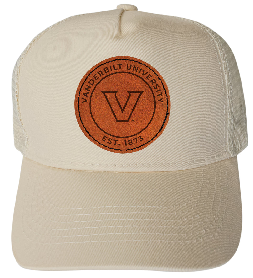 Vanderbilt University Officially Licensed - Unisex Trucker Hat with Round Engraved Leather Patch Cream