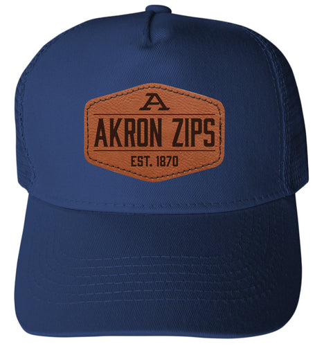 Akron Zips Officially Licensed Trucker Hat - Unisex Mesh Back Cap with Hexagon Engraved Leather Patch Navy