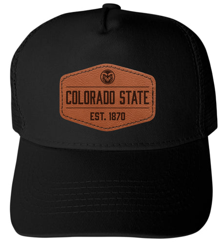 Colorado State Rams Officially Licensed - Unisex Trucker Hat with Hexagon Engraved Leather Patch Black