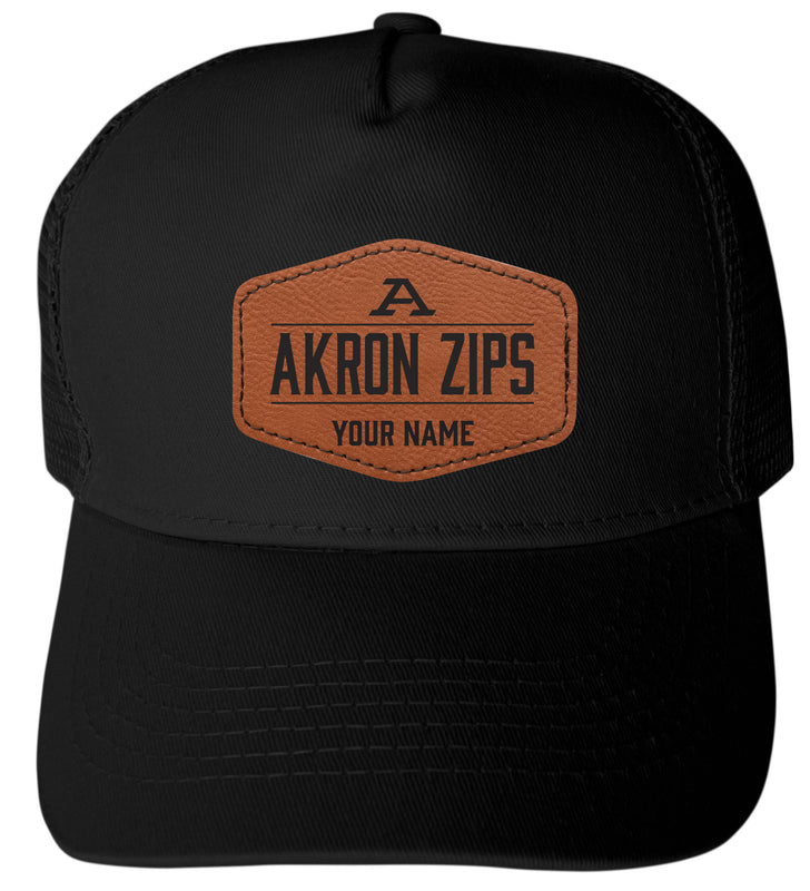 Akron Zips Custom Collegiate Trucker Hat – Officially Licensed with Round or Hexagon Leather Patch Hexagon Patch