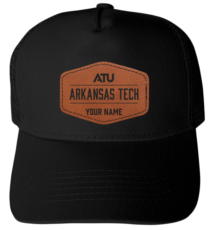 Arkansas Tech University Custom Collegiate Trucker Hat – Officially Licensed with Round or Hexagon Leather Patch Hexagoni Patch