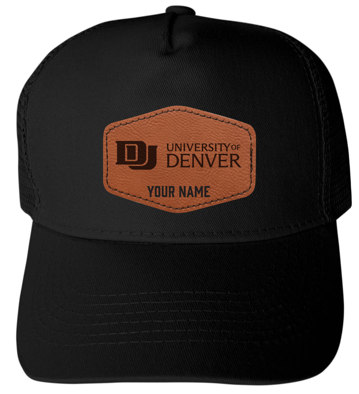 University of Denver Pioneers Custom Collegiate Trucker Hat – Officially Licensed with Round or Hexagon Leather Patch Hexagon Patch