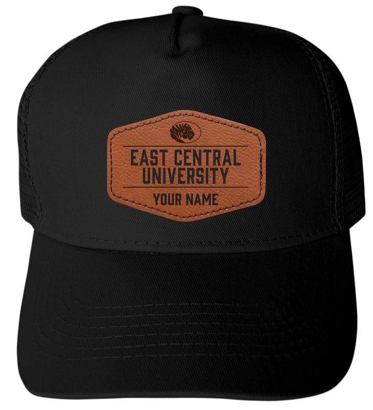 East Central University Tigers Custom Collegiate Trucker Hat – Officially Licensed with Round or Hexagon Leather Patch Hexagon Patch