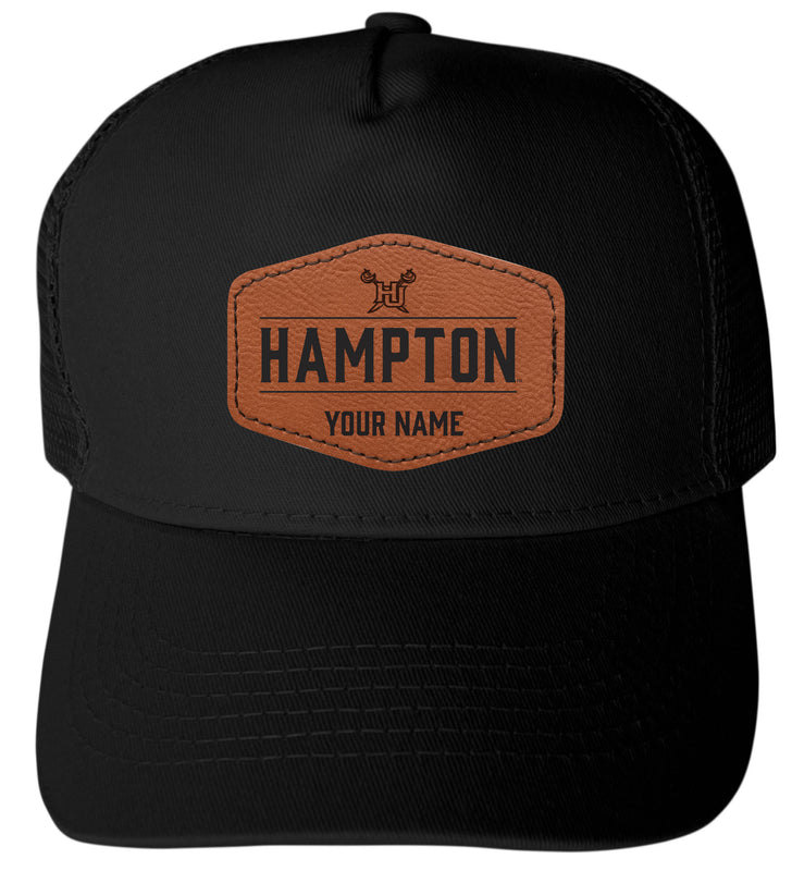 Hampton University Custom Collegiate Trucker Hat – Officially Licensed with Round or Hexagon Leather Patch Hexagoni Patch