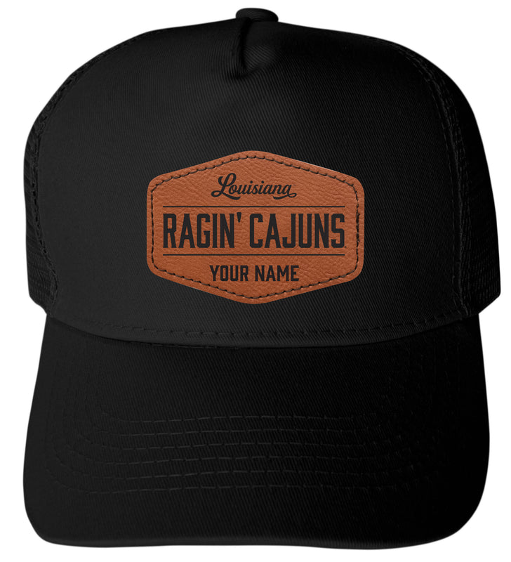 Louisiana at Lafayette Custom Collegiate Trucker Hat – Officially Licensed with Round or Hexagon Leather Patch Hexagon Patch