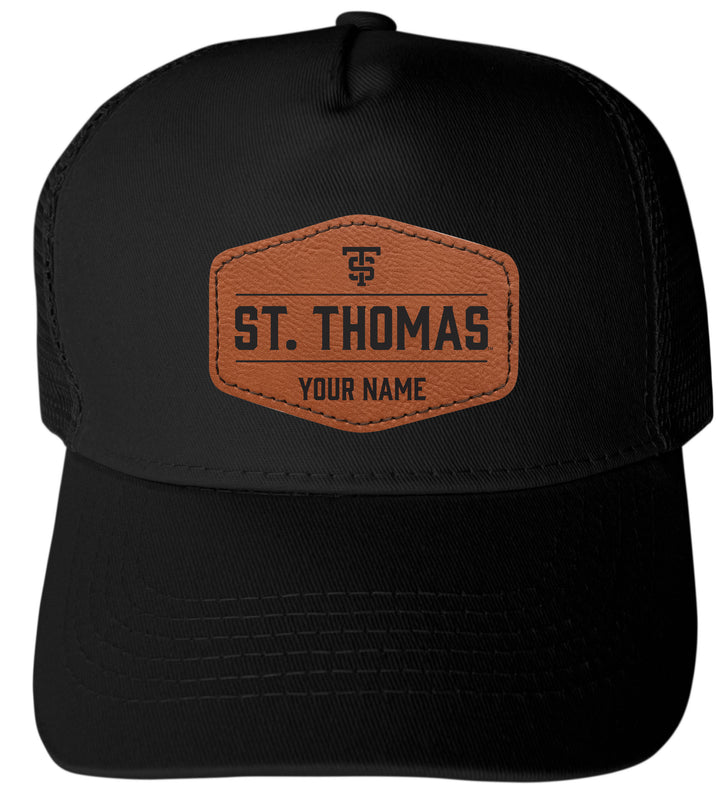 University of St. Thomas Custom Collegiate Trucker Hat – Officially Licensed with Round or Hexagon Leather Patch Hexagon Patch