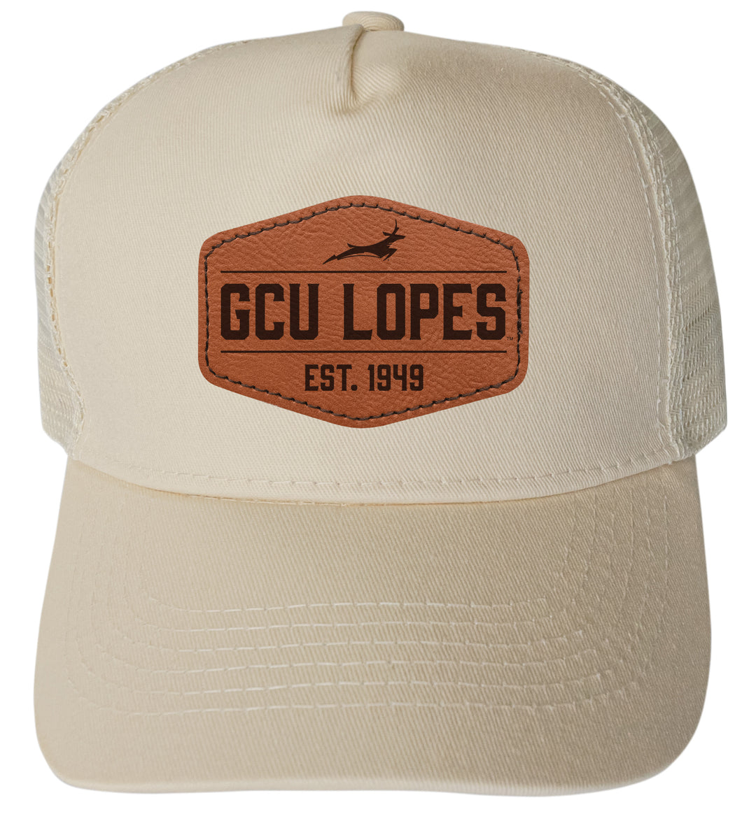 Grand Canyon University Lopes Officially Licensed Trucker Hat - Unisex Mesh Back Cap with Hexagon Engraved Leather Patch Cream